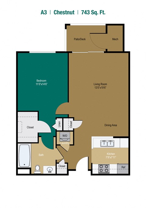 Floor plan for 1 bed, 1 bath, 743 sqft